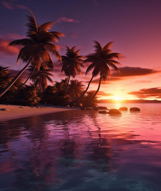 Pôr do sol em uma praia tropical com palmeiras e pedras generativas ai