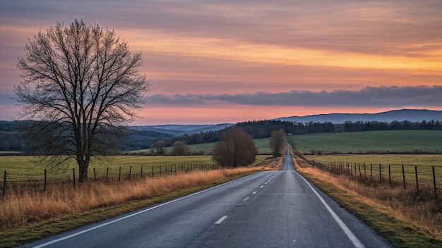 Pôr-do-sol entre o campo ninguém nenhum carro para a estrada de asfalto distante