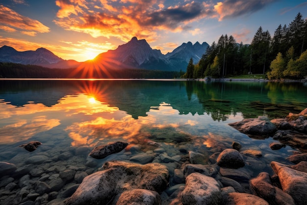 Pôr do sol fantástico no lago Eibsee, na Baviera, Alemanha Impressionante nascer do sol de verão no lago Eibsee com a cordilheira Zugspitze gerada por IA