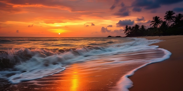 Pôr do sol incrivelmente bonito na praia, ondas do mar e areia Descanse à beira-mar