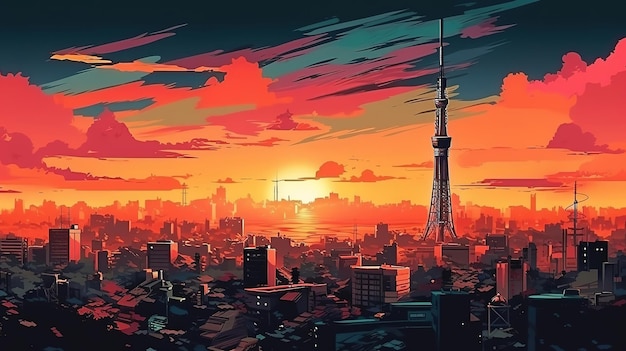 Pôr-do-sol japonês com a Torre de Tóquio ao fundo Cor brilhante Generative Ai