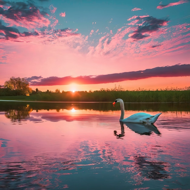 Pôr do sol mágico no campo Paisagem rural na primavera Cisne nadando no lago Viva tonificação de cor magenta