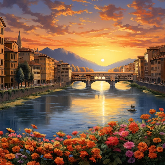 Pôr-do-sol mágico sobre o rio Arno e Ponte Vecchio, em Florença