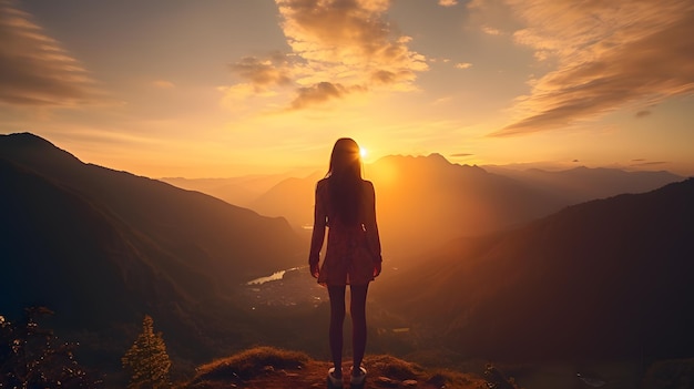 Pôr-do-sol majestoso com silhueta de mulher na montanha