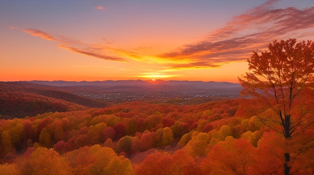 Pôr-do-sol na floresta de outono para fundo de papel de parede relacionado ao dia de Ação de Graças