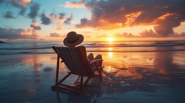 Foto pôr-do-sol na praia com cadeira e chapéu de palha conceito de viagem