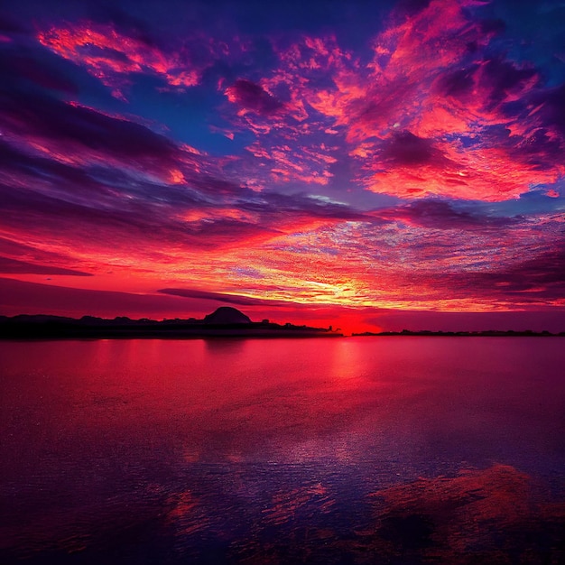 Pôr do sol na praia com lindas nuvens em rosa e vermelho com reflexos na água