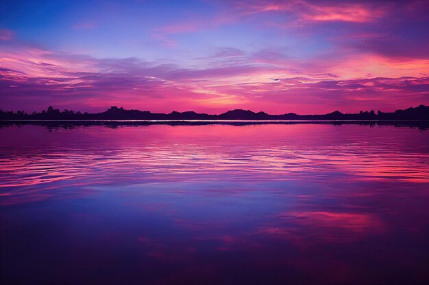 Pôr do sol na praia com lindas nuvens em rosa e vermelho com reflexos na água