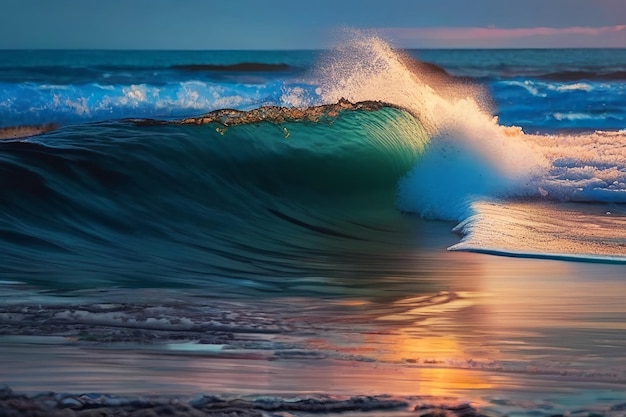 Foto pôr-do-sol na praia com ondas do oceano