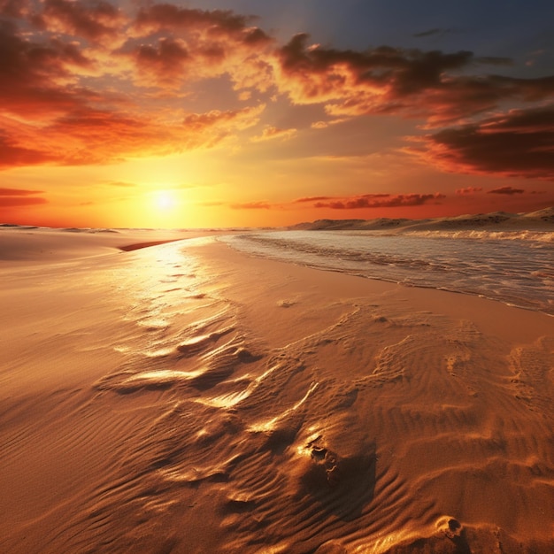 Pôr do sol na praia com ondas e areia generativa ai