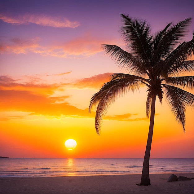 Pôr do sol na praia com palmeira AI Generated