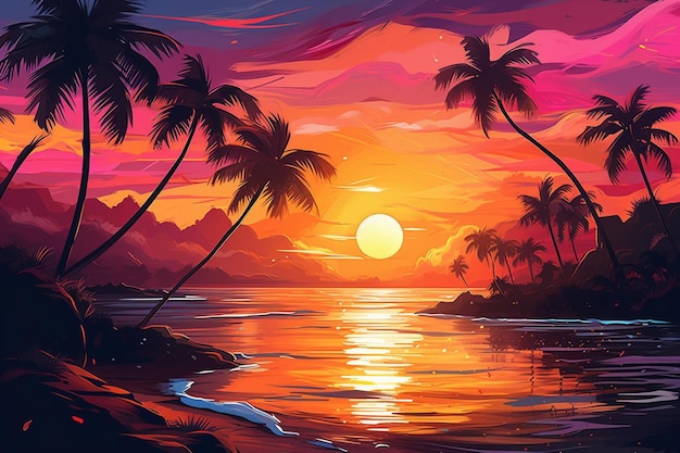 Pôr do sol na praia com palmeiras e pôr do sol.