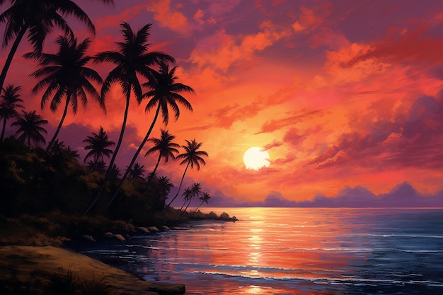 Pôr do sol na praia com palmeiras