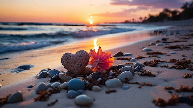 Pôr-do-sol na praia com uma ilha tropical colorida no meio do oceano uma cena romântica com areia rosa e água colorida