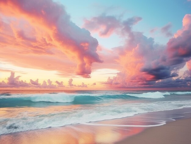 pôr-do-sol na praia com uma onda quebrando em primeiro plano generativo ai