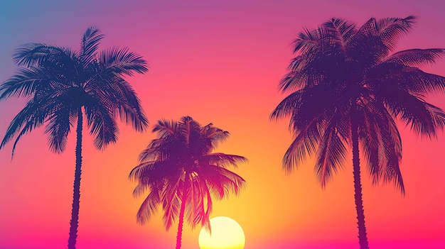 Pôr do sol na praia Três palmeiras em primeiro plano com um sol a pôr no fundo