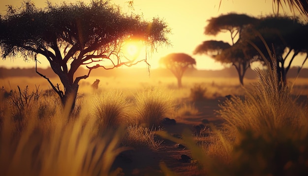 Pôr do sol na savana da África com acácias e campo de grama