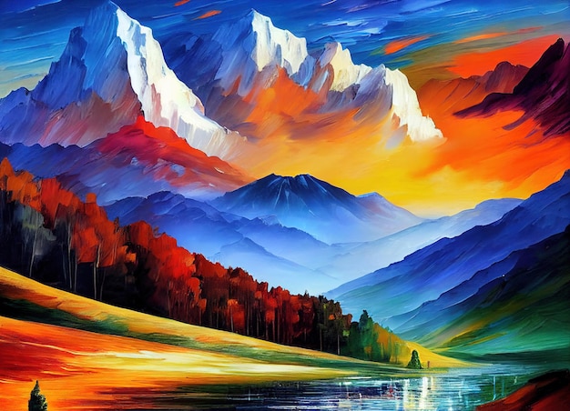 Pôr do sol nas montanhas na arte colorida dos Alpes