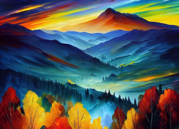Pôr do sol nas montanhas na arte colorida dos Alpes