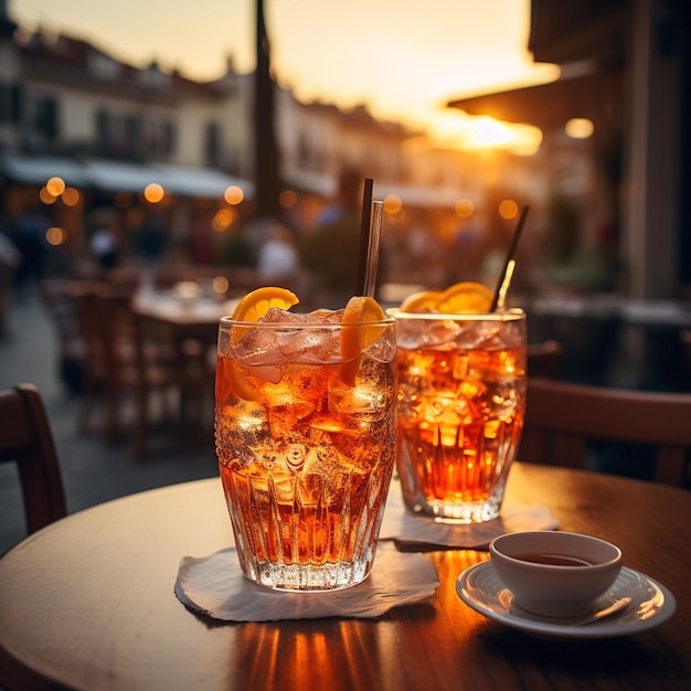 pôr do sol no café da rua da cidade dois copos de vinho na mesa na noite de verão velas da cidade luz turva