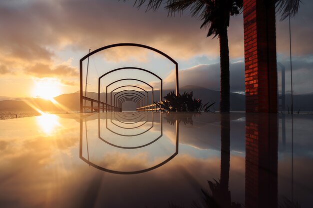 Pôr do sol no cais com uma foto de alta qualidade da superfície do espelho