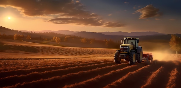 Pôr do sol no campo Trator em um grande campo criando canteiros para semear sementes em solo purificado O veículo agrícola Generative Ai