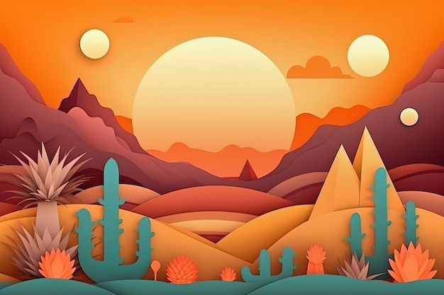 Pôr do sol no deserto com cactos e montanhas Estilo de arte de papel Generative AI