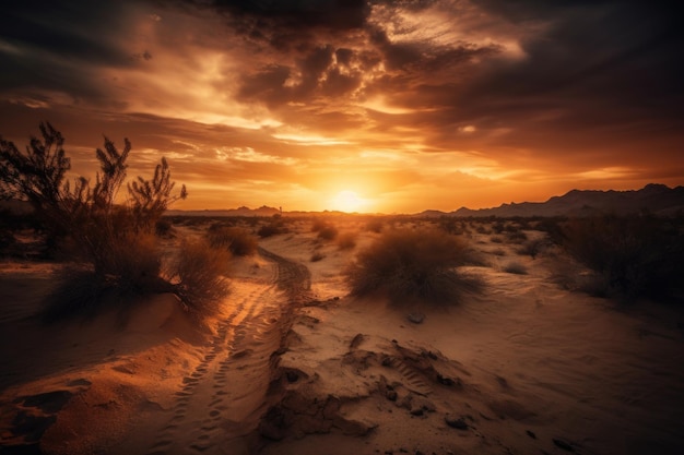 Pôr-do-sol no deserto com céu dramático e nuvens ao fundo criado com IA generativa
