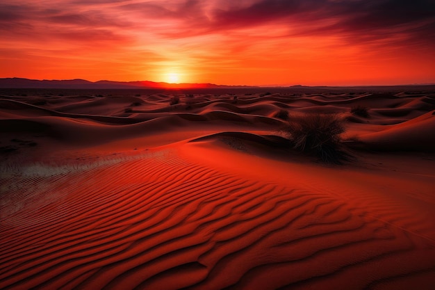 Pôr do sol no deserto com tons de laranja e vermelho refletindo nas dunas de areia