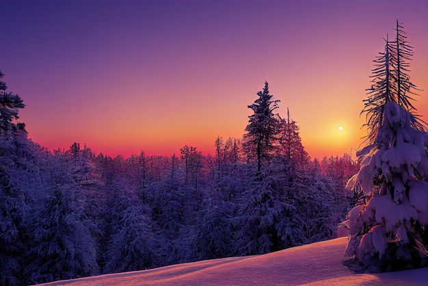 Pôr do sol no inverno na floresta. IA generativa