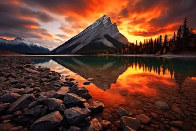 Pôr-do-sol no Lago Louise, no Parque Nacional de Banff, Alberta, Canadá O nascer do sol se reflete em uma montanha laranja no Lago Minnewanka, no Parque Nacional de Banff, Canadá.