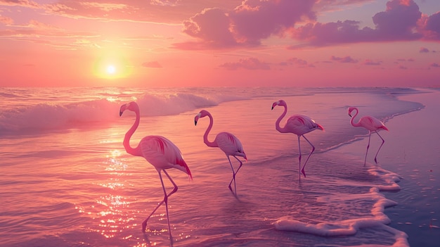 Pôr-do-sol no oceano com flamingos