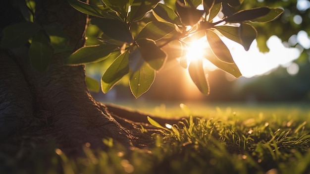 Pôr do sol no parque Luz do sol brilhando através da árvore generativa ai