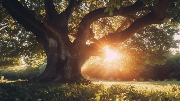 Foto pôr do sol no parque luz do sol brilhando através da árvore generativa ai