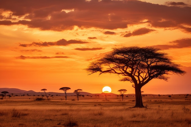 Pôr do sol no Parque Nacional Serengeti Tanzânia África Savana africana com acácias ao pôr do sol Parque Nacional Serengeti Tanzânia AI Generated