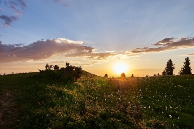 Foto pôr do sol no planalto kok zhailau tianshan montanhas almaty cazaquistão