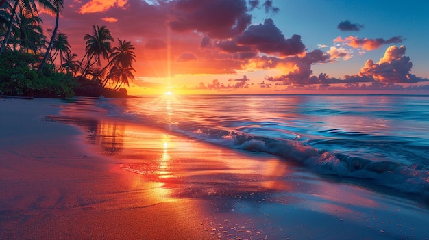 Pôr-do-sol numa praia tropical com palmeiras e ondas generativas ai
