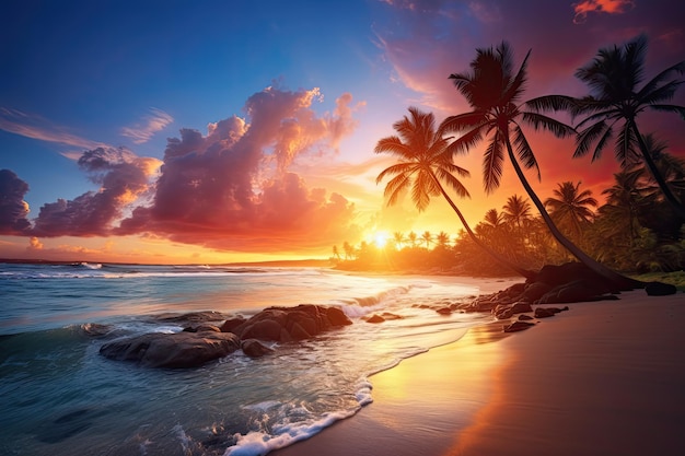 Pôr do sol paradisíaco em uma praia tropical com palmeiras de cores vivas e ondas do mar