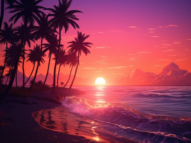 pôr-do-sol praia paraíso ilustração púrpura e laranja pôr- do-sol