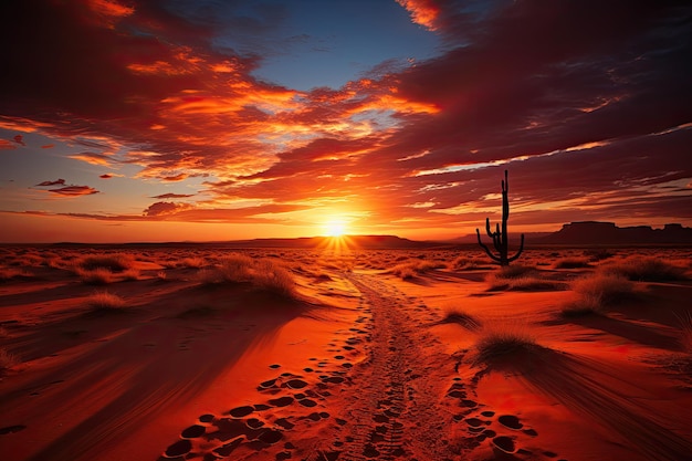 Pôr-do-sol quente no deserto dunas douradas e céu em fogo generativo IA