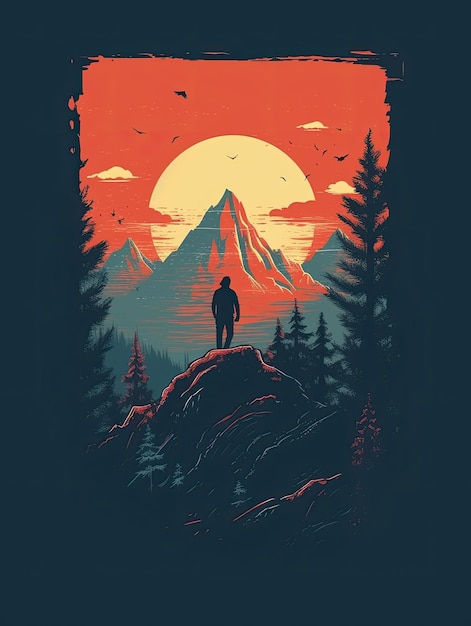 Foto pôr do sol retrô montanha caminhadas aventura extrema impressão vintage para camisetas ia generativa