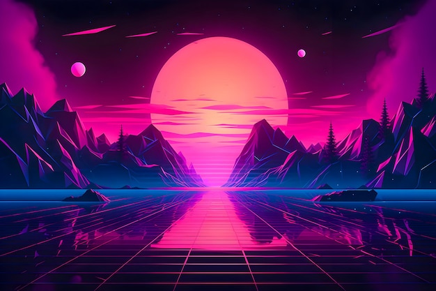 Pôr do sol retrowave em ilustração de estilo baixo poli