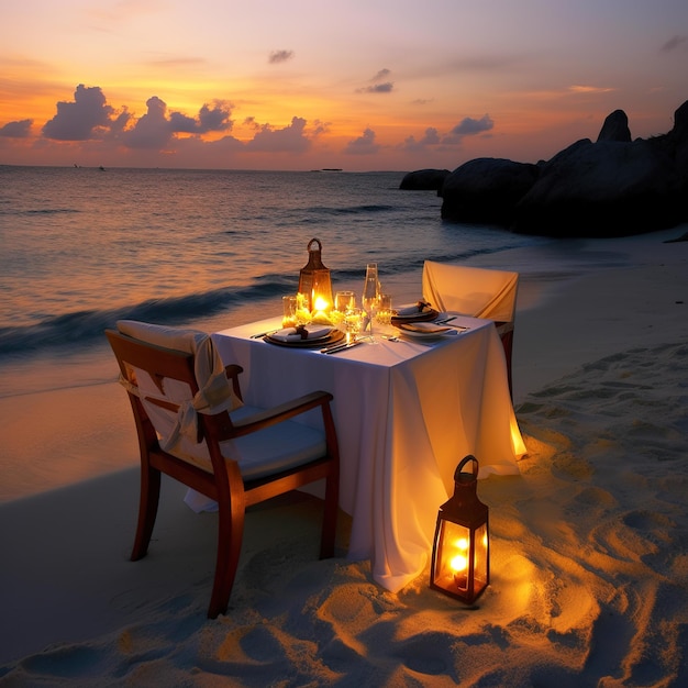 Pôr do sol romântico na costa de uma ilha tropical Café na praia Mesa de jantar