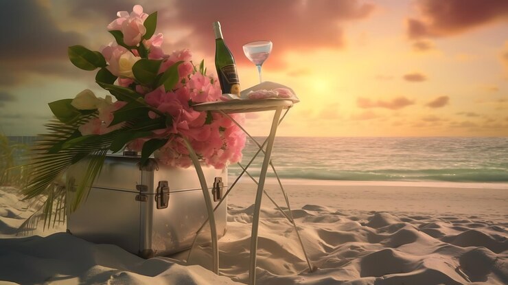 Foto pôr-do-sol romântico na praia com flores, champanhe e copo.