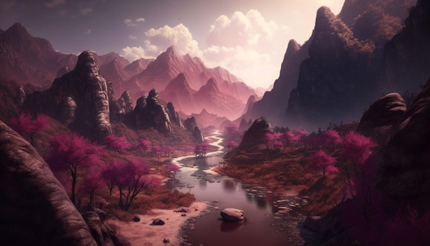 pôr do sol rosa em uma paisagem chinesa