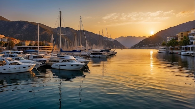 Pôr-do-sol sereno em uma marina cheia de iates com fundo de montanha