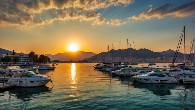 Pôr-do-sol sereno em uma marina cheia de iates com fundo de montanha