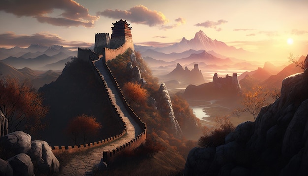 Pôr do sol sereno sobre a Muralha da China com vista majestosa