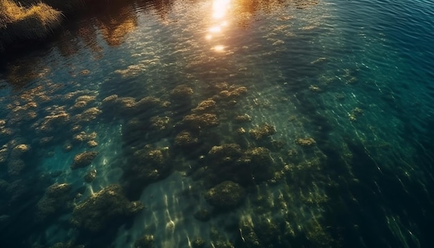 Pôr do sol sobre a beleza vibrante do recife subaquático tranquilo gerada pela IA