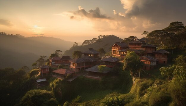 Pôr do sol sobre a cabana de arrozais de Bali, aninhada em floresta tropical gerada por inteligência artificial